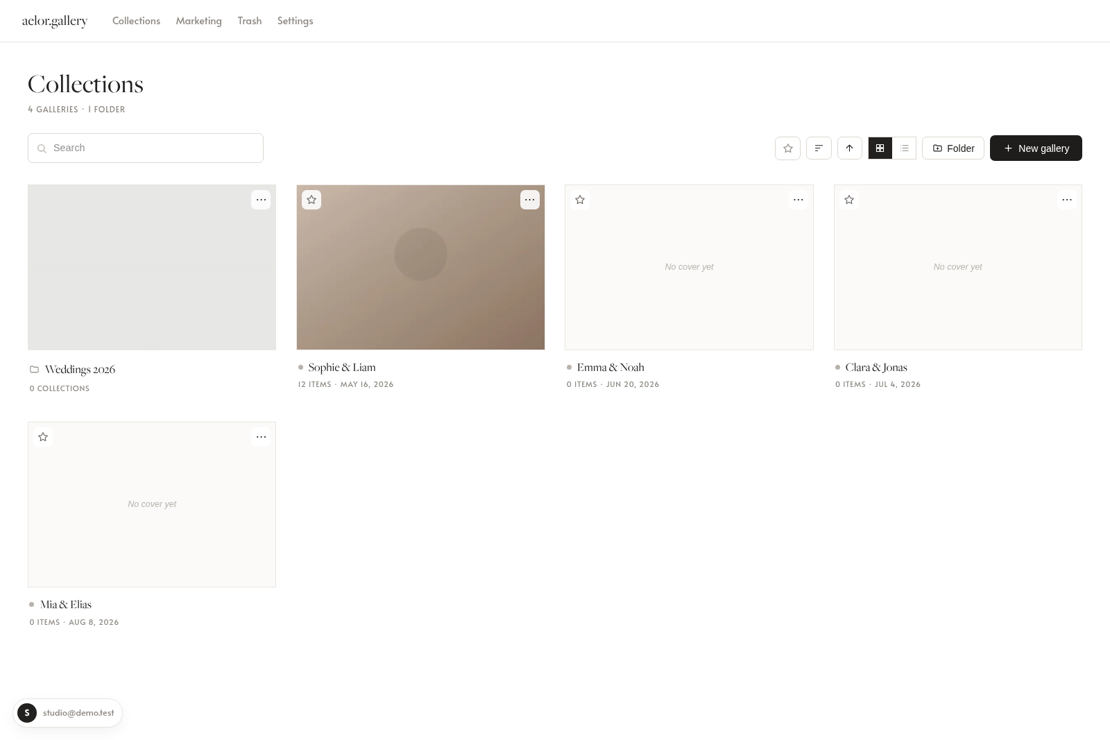 The aelor.gallery studio dashboard — a photographer's collection of galleries