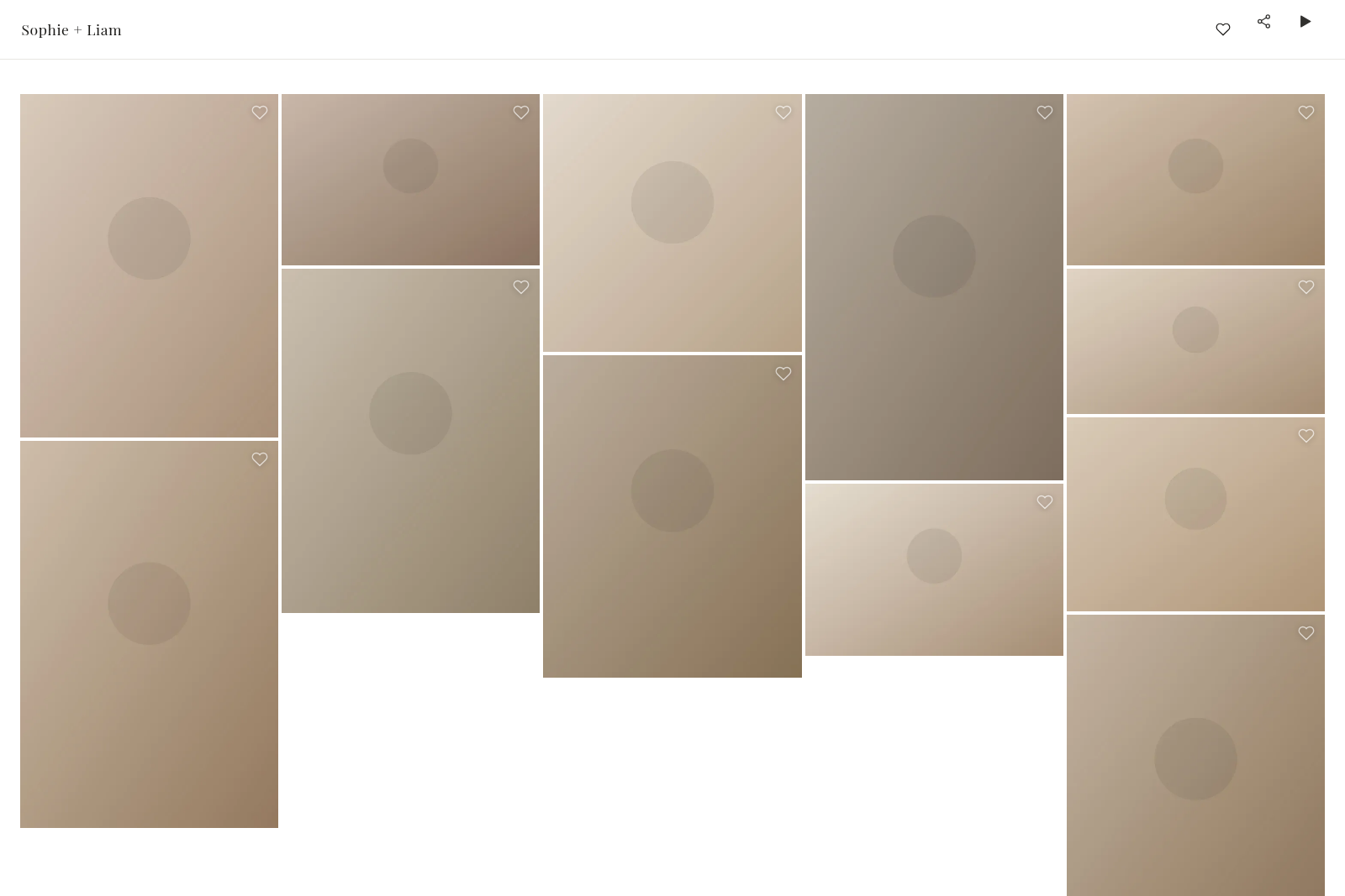 The client-facing gallery — a waterfall grid on the studio's own domain
